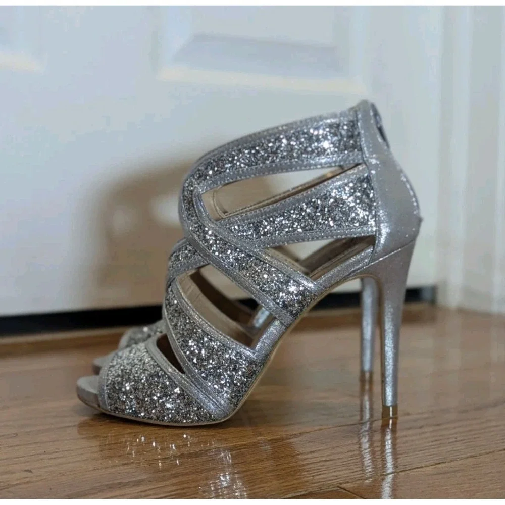 Y2K Glam Steve Madden Immence Silver Glitter Caged Stiletto Heels 7